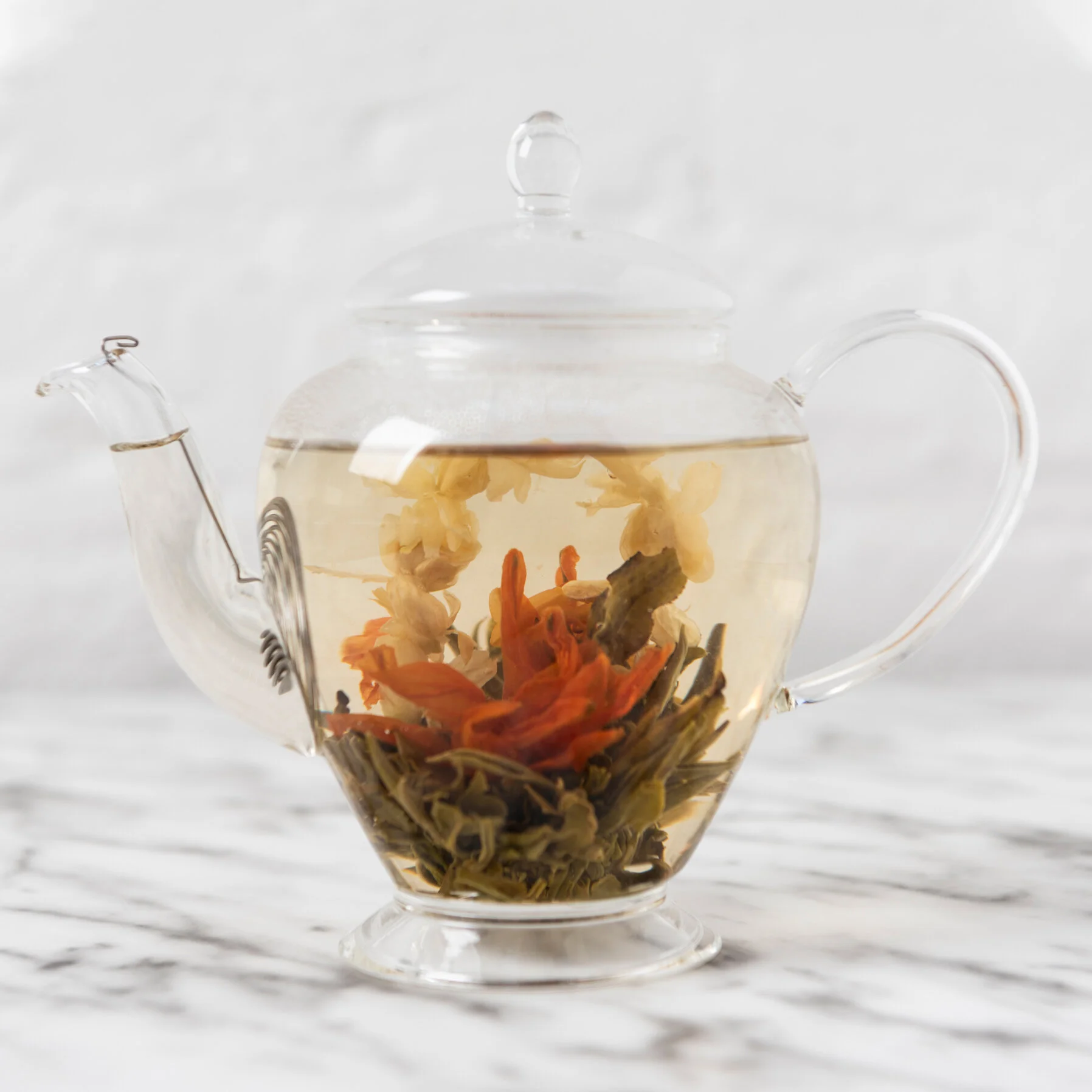 Flowering glass teapot with removable coil filter Orange Pekoe